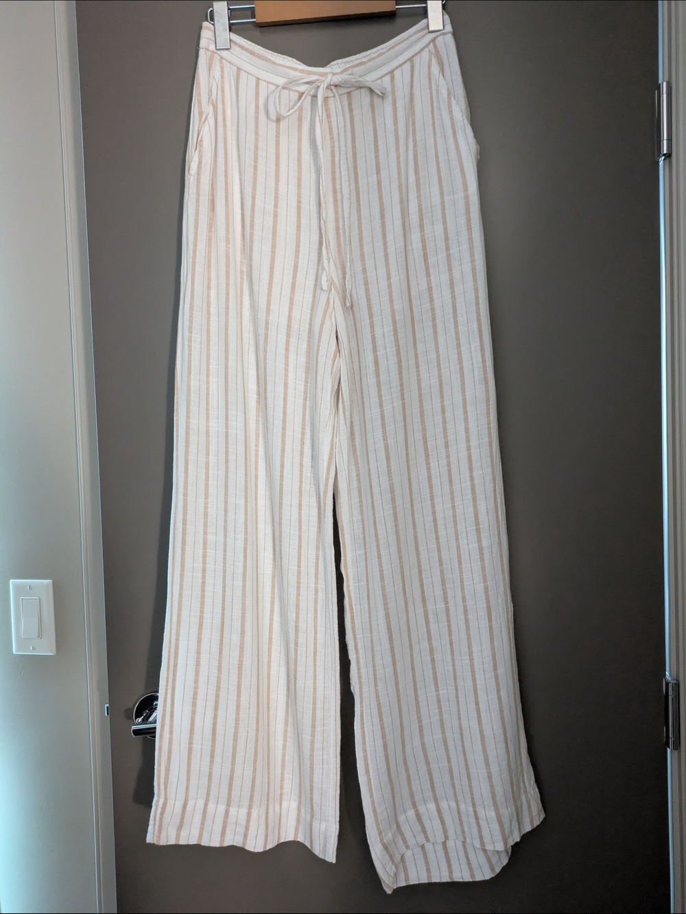 Dex Linen Blend Wide Leg Pants Medium Beige Stripe Coastal Summer Resort